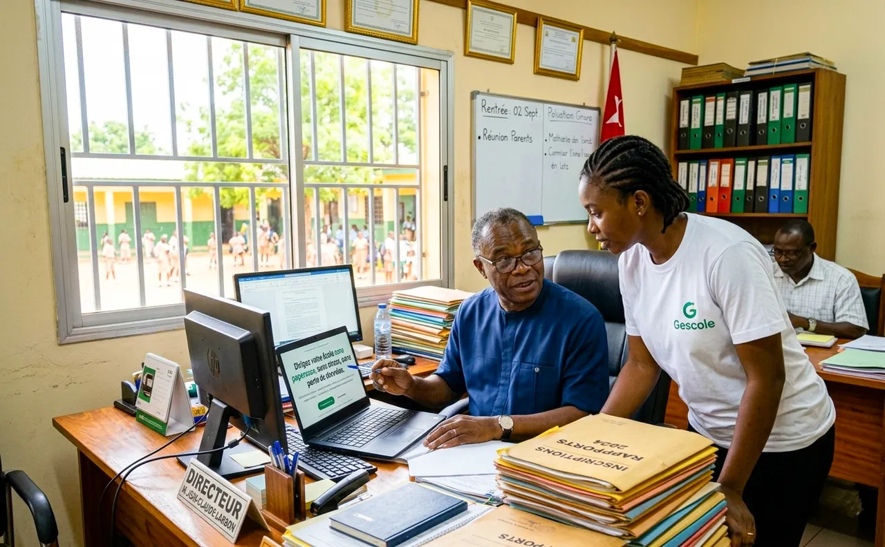 Une conseillère GeScole accompagne un directeur d'école à son bureau
